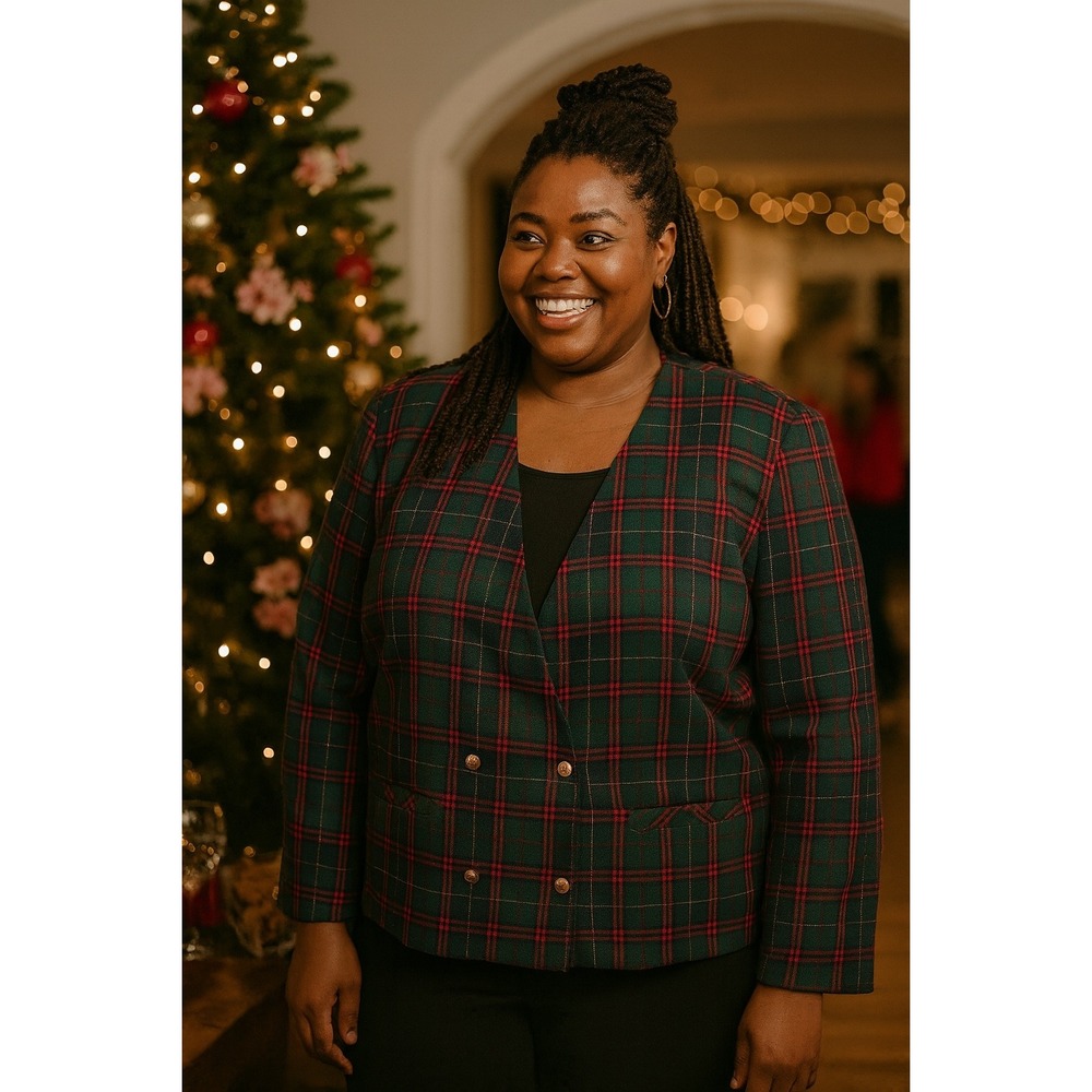 Tan Jay Womens Blazer Plaid Double Breasted Wool Blend 22W Red Green Holiday